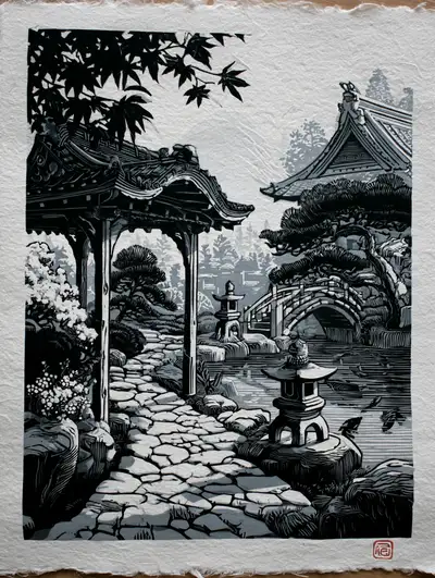 Hand-carved linocut print of an 18th century Japanese garden