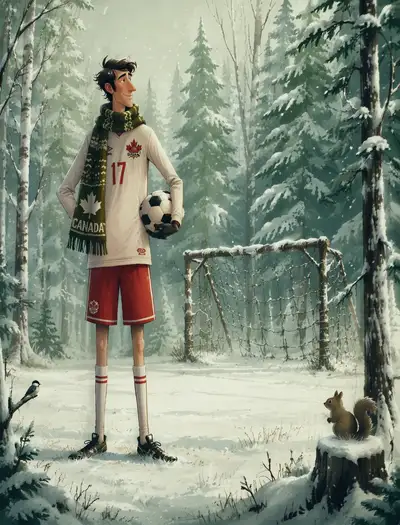Cartoon Canadian football player in a snowy forest