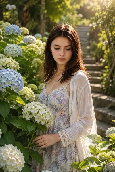 Golden hour hydrangea garden fashion portrait