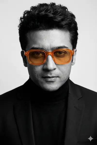 Monochrome studio portrait with orange acetate sunglasses