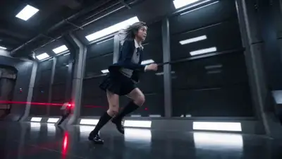 Sci-fi parkour laser dodge action sequence