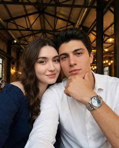 Cheek-to-cheek couple selfie in an industrial-style venue