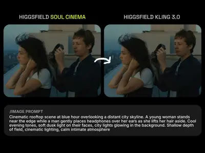 Cinematic Rooftop Headphones Scene at Blue Hour