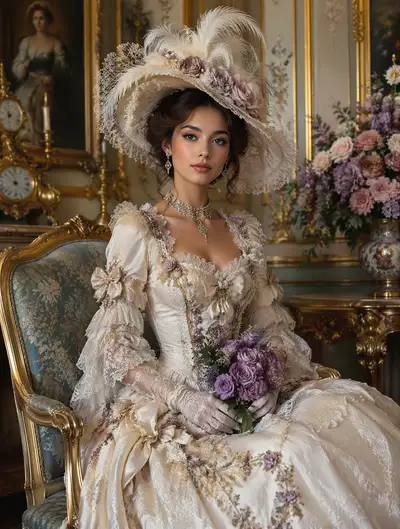 Regal Baroque-era portrait in cream lace gown with floral hat