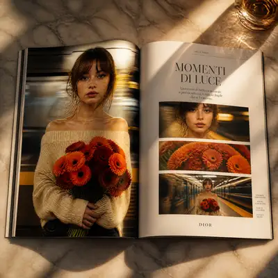 Open luxury fashion magazine spread on marble table
