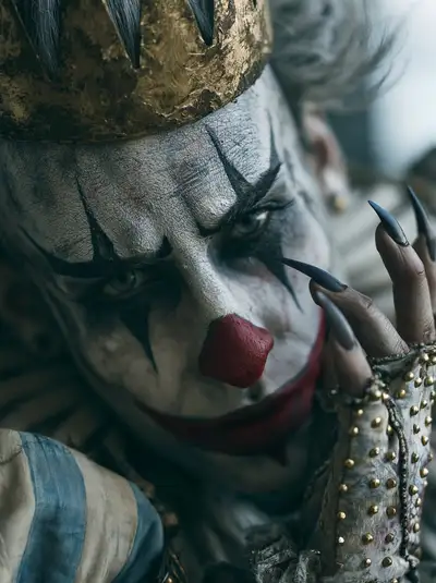 Theatralisches Narrenporträt mit Clown-Make-up und Krone