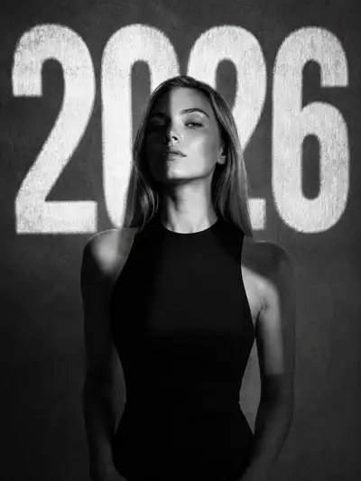 Black and white portrait with 2026 numerals projected on wall
