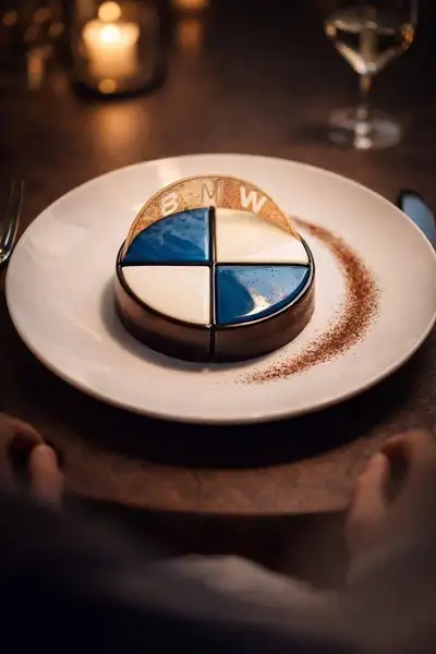 Fotografía de pastel de mousse con logotipo BMW de lujo