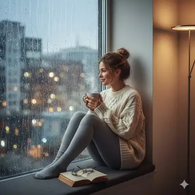 Acogedor asiento junto a la ventana en un día lluvioso
