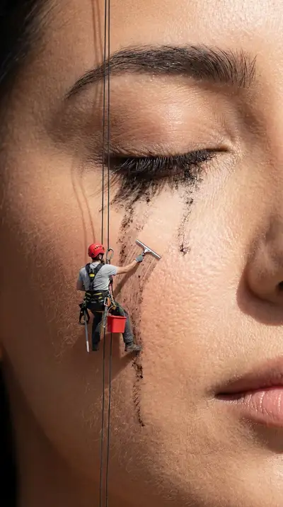Un minuscule laveur de vitres escaladant une joue pour essuyer une tache de mascara