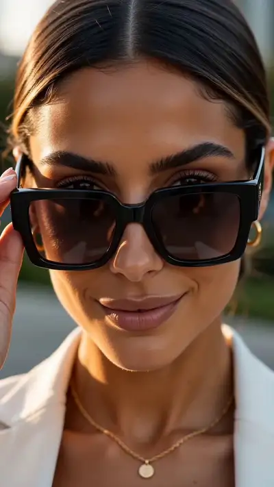 Comercial de moda cinematográfico com óculos de sol caminhando em direção à câmera