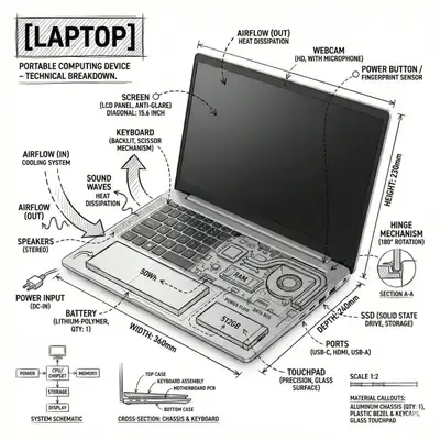 Technical annotation infographic template for a laptop
