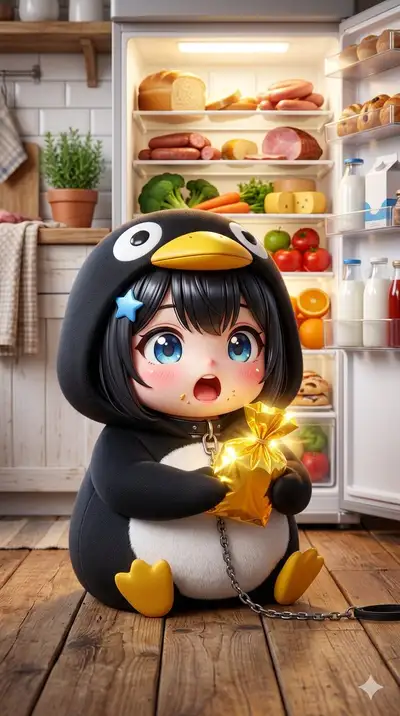 Chibi Anime Girl with Penguin Onesie and Gift Bag