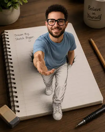 3D Pop-Out Illusion Portrait from Notebook