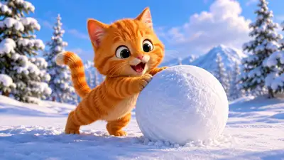 Adorable 3D Kitten Playing in Snow