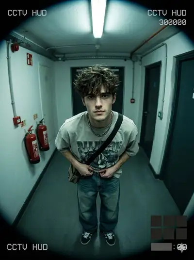 CCTV-style hallway security camera selfie portrait