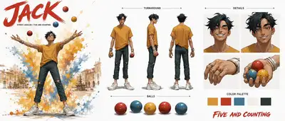 Premium Cinematic Character Bible Sheet for Street Juggler Jack