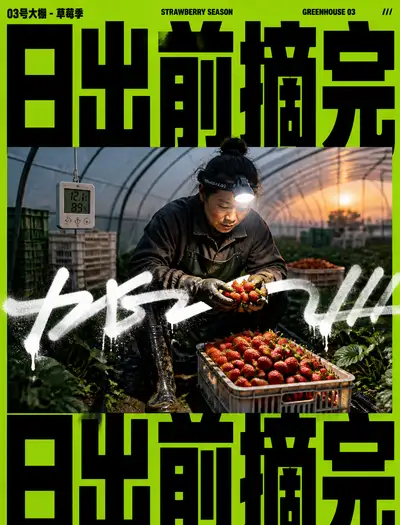 Neon greenhouse strawberry picker poster prompt