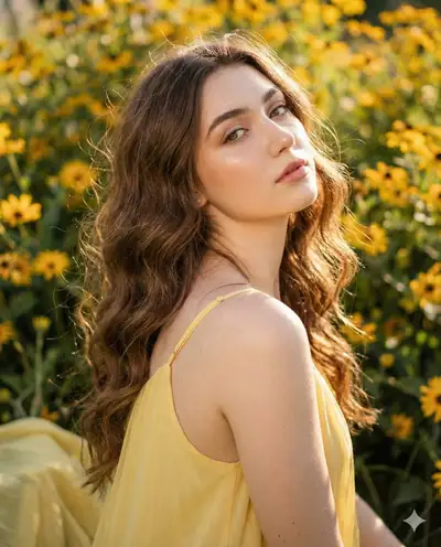 Dreamy portrait in a yellow dress surrounded by flowers