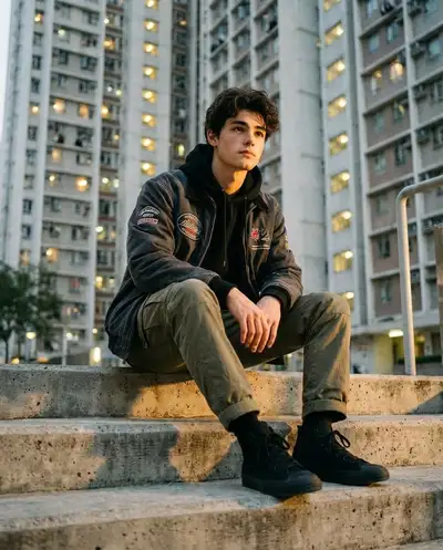 Streetwear portrait on concrete steps at golden hour