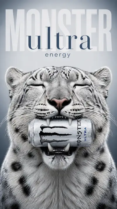 Snow leopard hero shot biting a Monster Ultra energy drink can