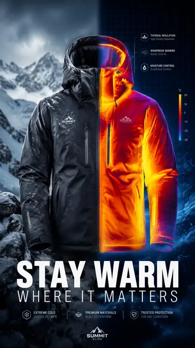 Winter jacket ad with thermal camera visualization