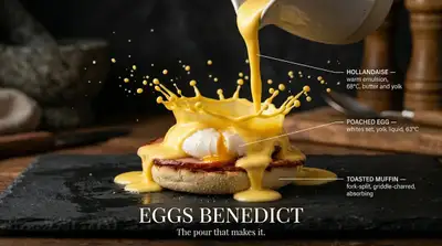 Dramatic liquid pour food photography with labeled ingredients