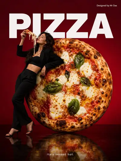 Publicité minimaliste pour pizza premium avec mannequin