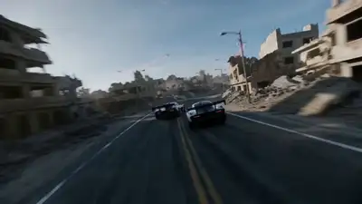 FPV Drone Chase of Racing Cars in Apocalyptic City