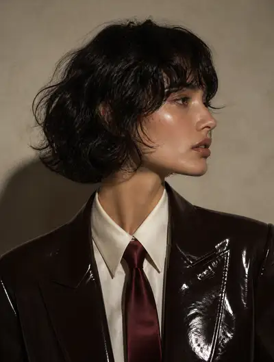 Corporate-chic profile portrait with patent blazer
