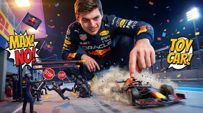 Cena cômica de Giant Max Verstappen pregando peças no pequeno time de boxes