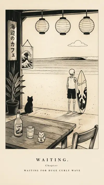 Waiting for a Huge Curly Wave: risograph skeleton surf poster