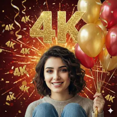 Celebratory 4K Milestone Portrait with Fireworks and Balloons