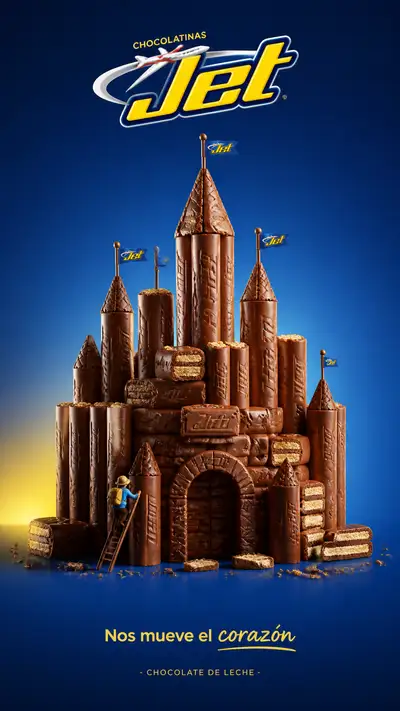 Surreal cookie castle advertising poster for a chocolate snack