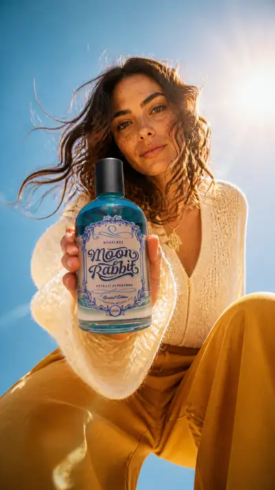 Wide-angle fashion editorial perfume advertisement