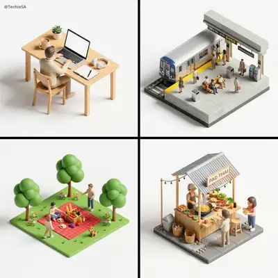 Isometric miniature 3D diorama template for any scene