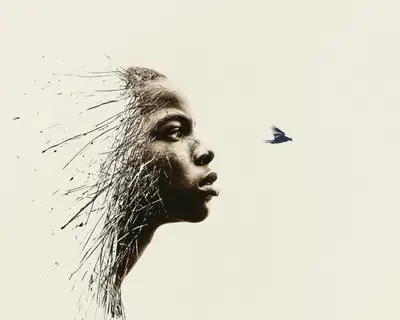 Retrato de línea de tinta poética con pájaro