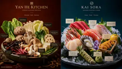 Póster publicitario dividido de ingredientes chinos y japoneses