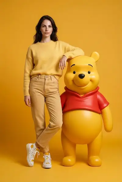 巨大な3Dくまのプーさんとのファッションフォトシュート