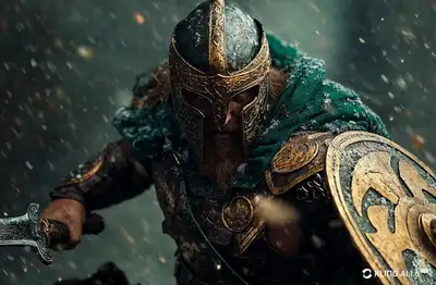 Battle-hardened warrior charging through blizzard