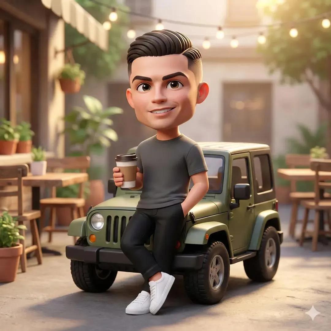 3D Chibi Character with Jeep at Outdoor Café Scene