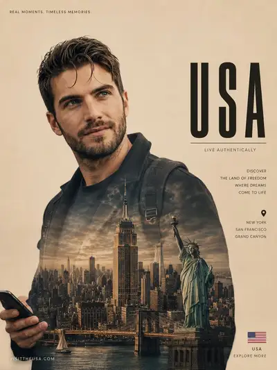Double exposure travel poster with cityscape inside jacket