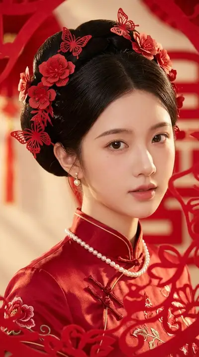 Traditional Chinese bridal portrait with red paper-cut flower headpiece