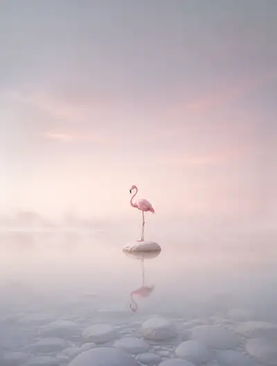 Prompt für minimalistische Landschaft mit einsamem Flamingo