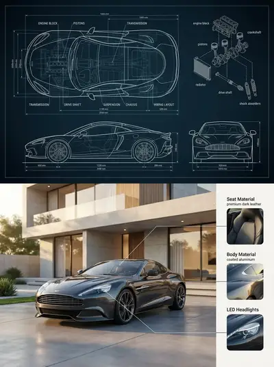 Split composition of a car engineering blueprint and real photo