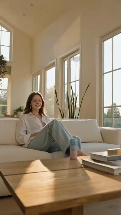 Comercial cinematográfico de bebidas em um apartamento escandinavo ensolarado
