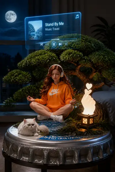 Cena de meditação com figura 3D miniatura flutuante