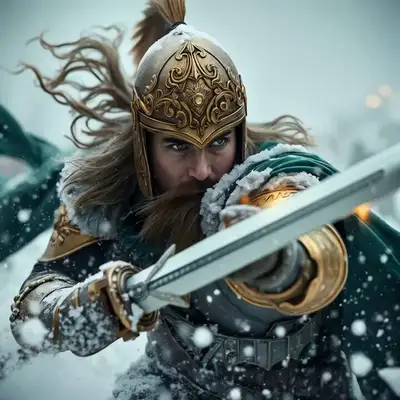 Battle-hardened warrior in blizzard