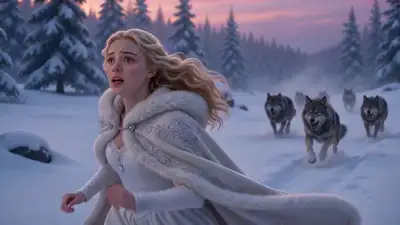 Cinematic Fantasy: Woman and Ice Dragon in Snowy Forest