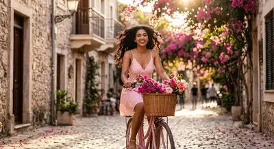Cinematic Portrait: Woman on Vintage Bicycle in Bougainvillea Alley